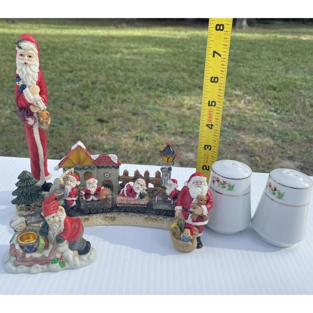 Christmas Santa Figurine Decor Lot Train Gnome Holly Salt Pepper 6 Pc